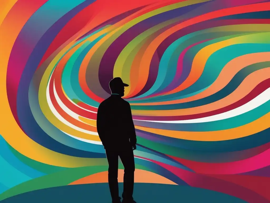 Persona en cruce de caminos, rodeada de emociones coloridas
