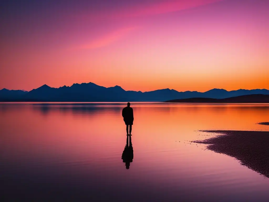 Persona contemplando lago y montañas al atardecer, evocando autoconocimiento y pasión