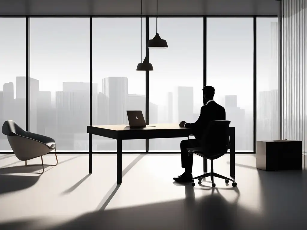 Soledad en el teletrabajo Soledad y aislamiento en teletrabajo: Persona solitaria en moderna oficina minimalista