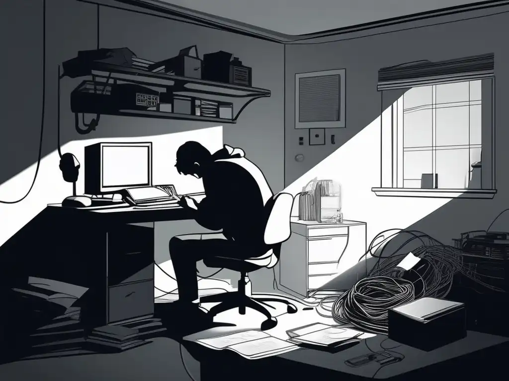 Soledad y estrés en el trabajo desde casa Soledad y aislamiento en teletrabajo: Persona sola en una habitación oscura rodeada de sombras y símbolos de estrés