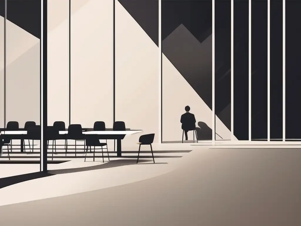 Soledad y aislamiento en el trabajo remoto Soledad y aislamiento en teletrabajo: persona sola en una habitación con sillas vacías, reflejando disminución de motivación y productividad