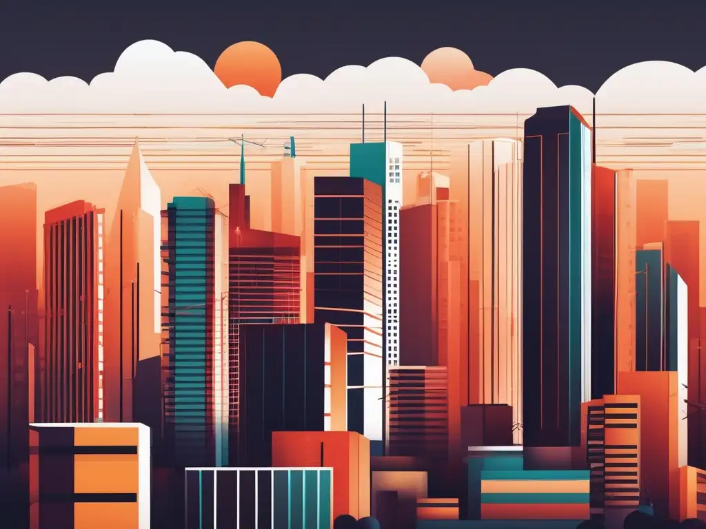 Ilustración abstracta de una ciudad vibrante al atardecer, resaltando la importancia de las habilidades blandas para la sostenibilidad urbana