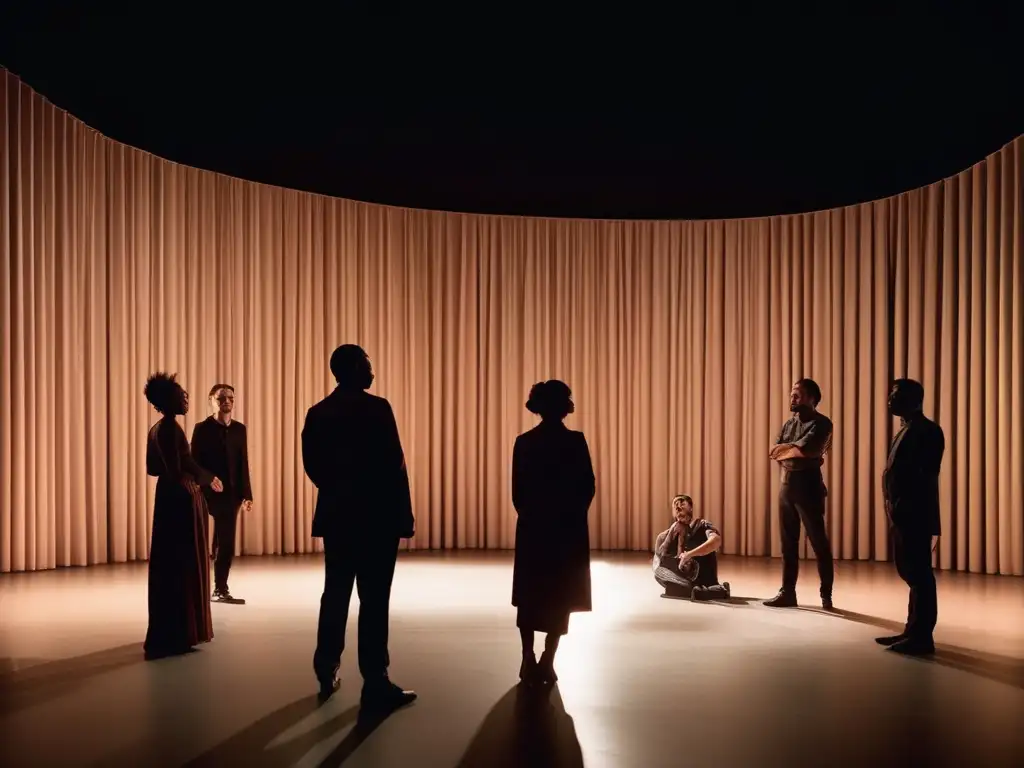 Grupo de actores en escena, transmitiendo emociones y liderazgo en el teatro