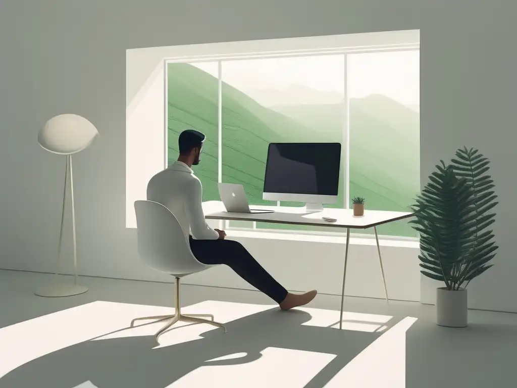 Trabajo solitario en un entorno virtual Soledad y aislamiento en teletrabajo: figura solitaria trabajando en un entorno virtual sereno y controlado