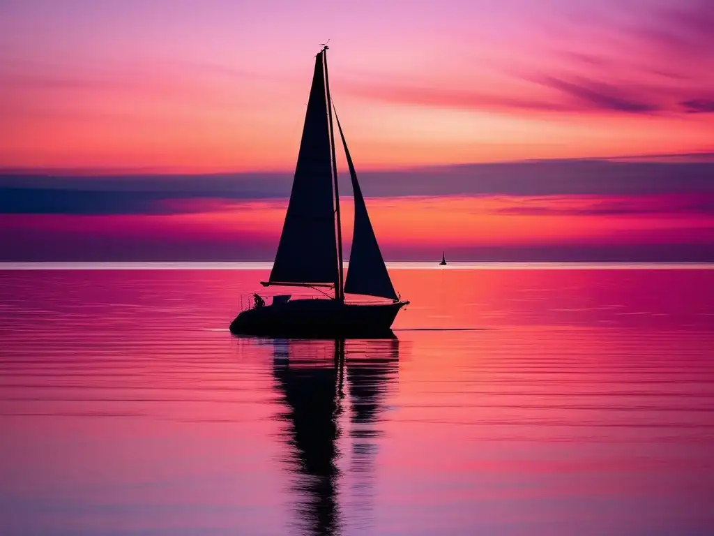 Importancia habilidades blandas liderazgo transformador: Océano calmado al atardecer, con cielo pastel y velero